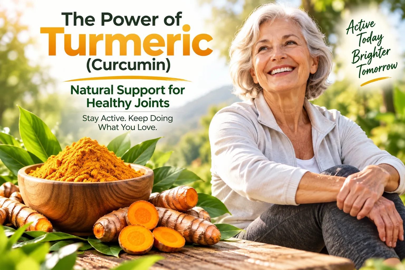 A smiling silver-haired woman sitting outdoors in a sunny garden beside a wooden bowl of golden turmeric powder and fresh turmeric root on green leaves.